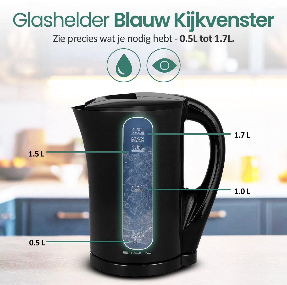 Emerio Waterkoker 1.7 Liter - Oververhittingsbeveiliging - Automatische Uitschakeling - Water niveau indicator - Elektrische Waterkoker 2200W - WK-123483 - Zwart — afbeelding 6