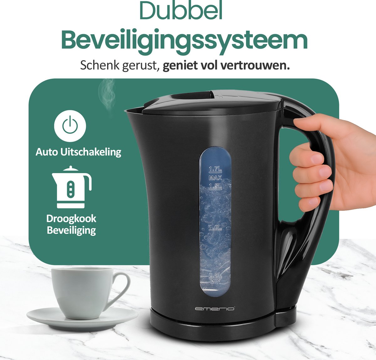 Emerio Waterkoker 1.7 Liter - Oververhittingsbeveiliging - Automatische Uitschakeling - Water niveau indicator - Elektrische Waterkoker 2200W - WK-123483 - Zwart — afbeelding 3