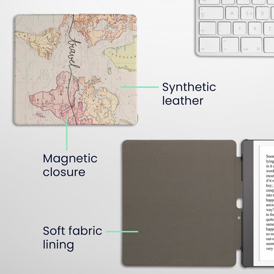 kwmobile e-reader hoesje geschikt voor Amazon Kindle Scribe (2024) hoes - E reader flip case met magnetische sluiting - Ereader cover - Travel Wereldkaart design in zwart / meerkleurig van Merkloos — afbeelding 2