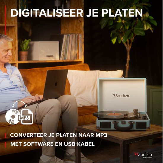 Retro platenspeler met platenkoffer - Audizio RP116BL - Platenspeler Bluetooth - Met speakers - Blauw — afbeelding 4