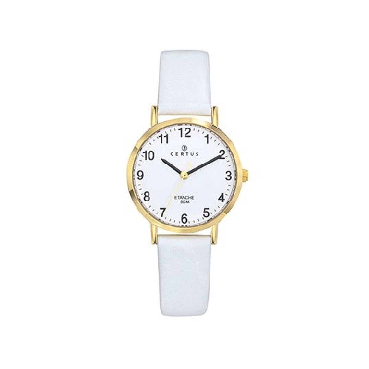 Certus-Dameshorloge-model 646587-wit lederen band-rond-goudkleurig-5 atm waterdicht -diameter 28 mm-duidelijke wijzerplaat-made in France