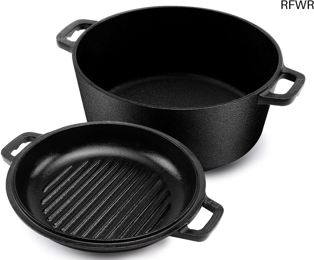 RFWR® 2 In 1 Voorgekruide Gietijzeren Nederlandse Oven met Grill Pan Deksel – Ideaal voor Binnen & Buiten Koken, Bakken, Braden
