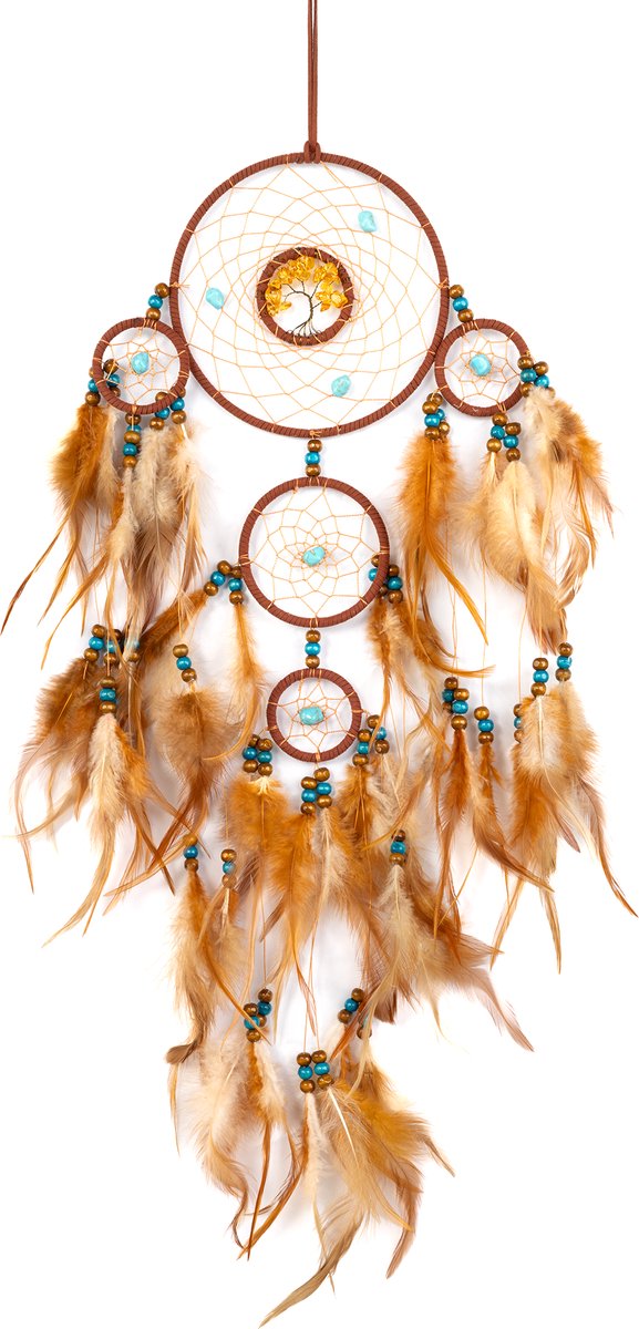 KIMU® Dromenvanger Cognacbruin - Dreamcatcher Veren Cognac Bruin - Bohemian Ibiza Kinderen Boho Babykamer Buiten Kado Meisjeskamer Veertjes Festival
