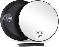 Vergrootspiegel met Zuignap - 20x Vergroting - Ø15cm - Make-up Spiegel met Zuignappen - Wordt geleverd met pincet - Reisspiegel - Mini Make Up Spiegel - Geschikt voor thuisgebruik, schoonheidssalons en reizen - Zwart