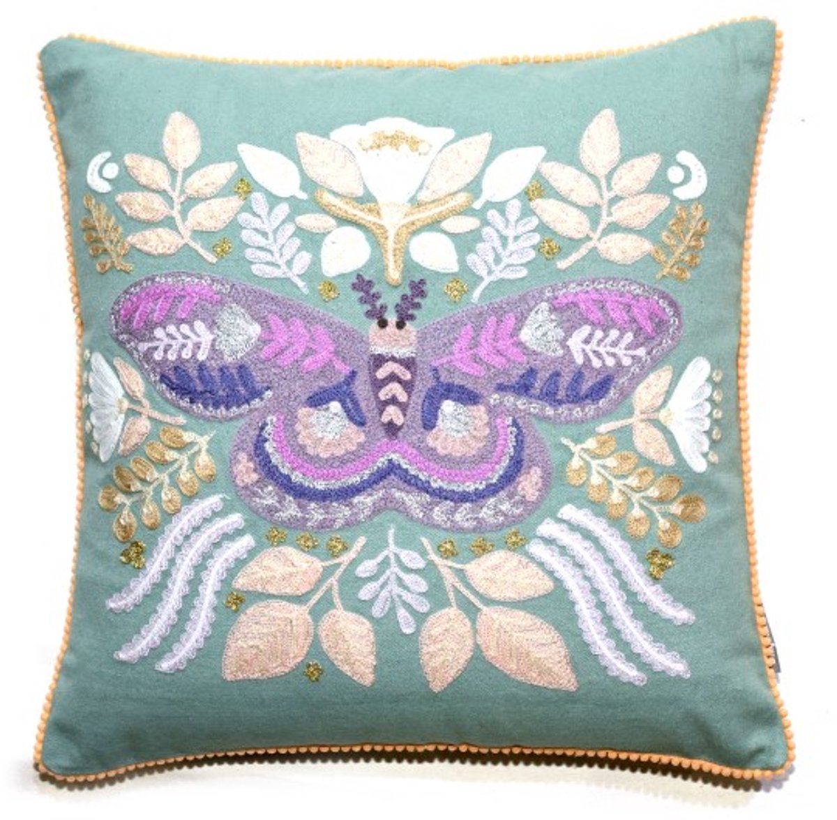 Only Natural sierkussen kussen velvet fluweel sage groen met geborduurde vlinders en bloemen 45 x 45 cm