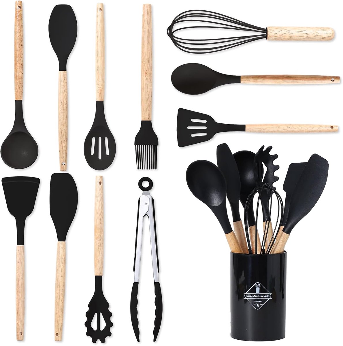 Famanu - 12-Delige Set Keukengerei Set Van Siliconen, Hittebestendig, Antikleef, Met Houten Handvat, Geschikt Voor Alle Pannen En Potten, Keukenaccessoires (Zwart)