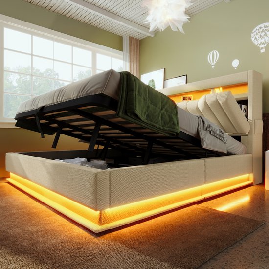 Gestoffeerd bed 160x200, hydraulisch bed voor tweepersoonsbed, met LED, met opslag, gestoffeerd, met opslag, tweepersoonsbed met LED, jeugdbedden (beige fluweel A, 160x200cm