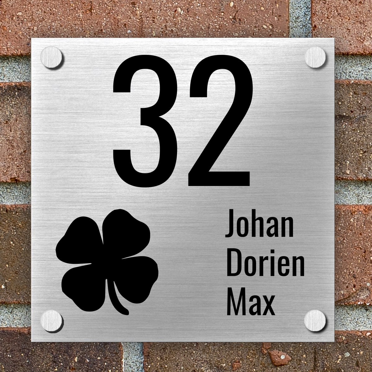 Naambordje Voordeur - KLAVERBLAD - Complete Set - Inclusief Gratis RVS Bevestigingsset met afstandhouders - 15x15 cm - Naambordjes Huis - Huisnummerbord - Bordje nummer - Huisnummer - Brushed Aluminium