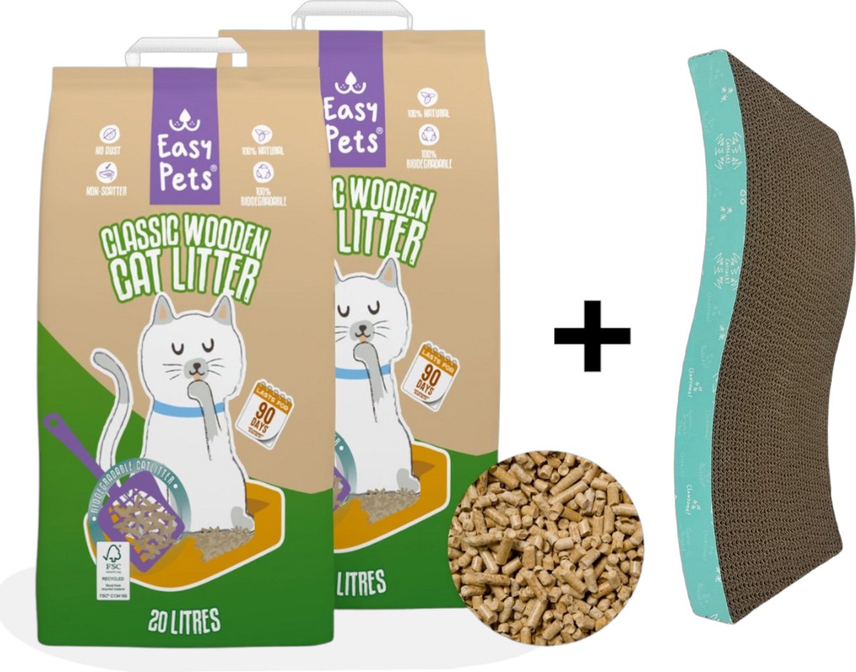 Easypets Kattenbakvulling - Houtkorrel - 2 x 10KG (20KG - 40L) + Easypets Krabkarton Turquoise