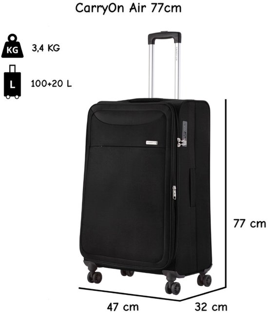 Zwarte CarryOn Air 77cm reiskoffer met afmetingen 47x32x77cm en gewicht 3.4kg.