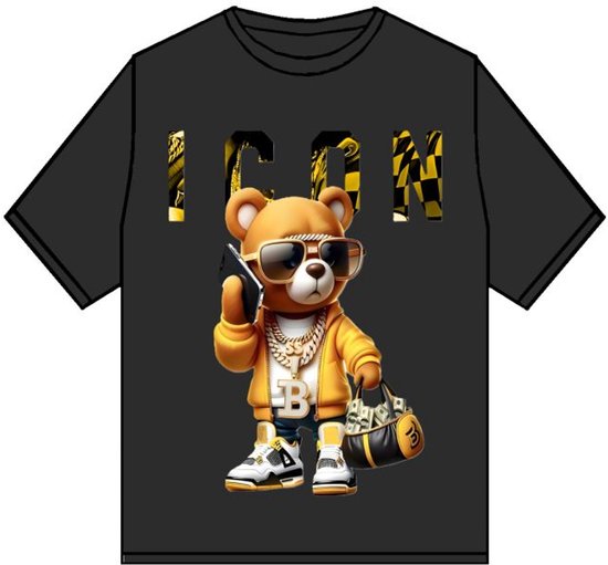 Kinder T-shirt “ICON Bear” – Zwart – Full Color Print – Maat 146/152 – 95% Katoen – Streetwear Look - Beer - Gold - Money Stoer