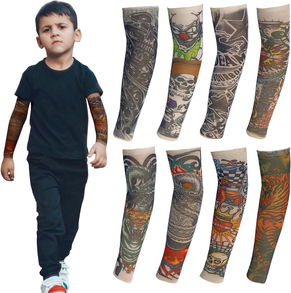 Allecto Plus - Set van 8 Tattoo Mouwen Zonnebrand Crème Patroon Mouwen voor Kinderen Baby Nylon Tijdelijke Tattoo Mouw voor Carnavalfeest - 80 karakters