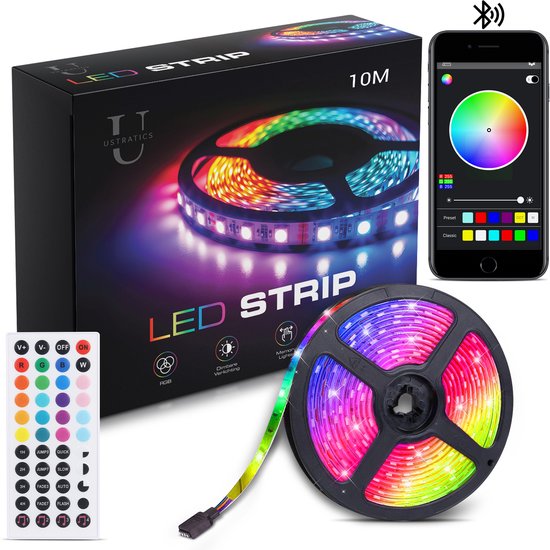 Ustratics Led Strip - 10 meter - 1x10m - Light - rgb LED Verlichting - Afstandsbediening - Bluetooth - licht - Dimbaar - Gaming - Ledstrip - Ledstrips