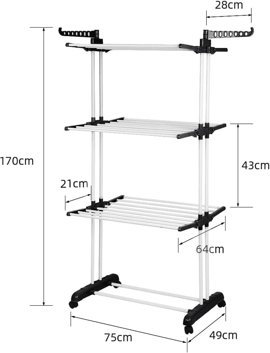 RFWR® Opvouwbaar wasrek met wieltjes voor binnen en buiten, multifunctioneel en ruimtebesparend (75 x 64 x 170 cm)