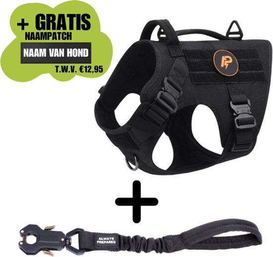 Harnais pour chien noir avec écusson nominatif et une pince anti-traction.