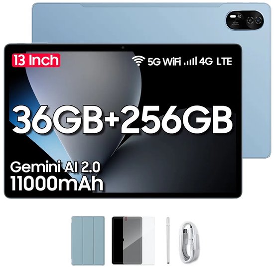 Blackview Tablet MEGA 8 Android 15 Tablet 13 inch - 36GB+256GB 4G LTE+5G WiFi Gaming Tablet - 11000mAh Accu - WideVine L1 - 50MP+2MP+13MP Camera - Met Stylus en Beschermhoes -Blauw
