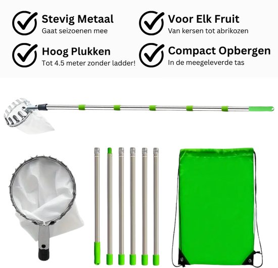 Fruitplukker Met Steel - 240CM - Verstelbare Steel - Appel Plukker - Fruit Plukker - Appelplukker - Voor Peren - Voor Perziken - Voor Appels - Voor Pruimen - Voor Abrikozen van TalenTools — afbeelding 2