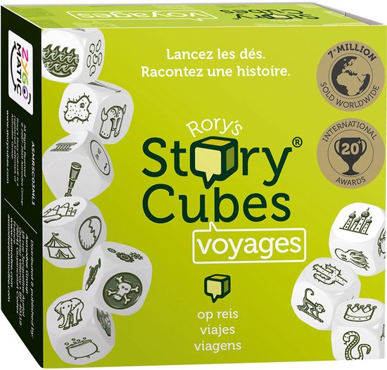 Rory's Story Cubes Voyages, met afbeeldingen van dobbelstenen met o.a. een tent, olifant en schip.