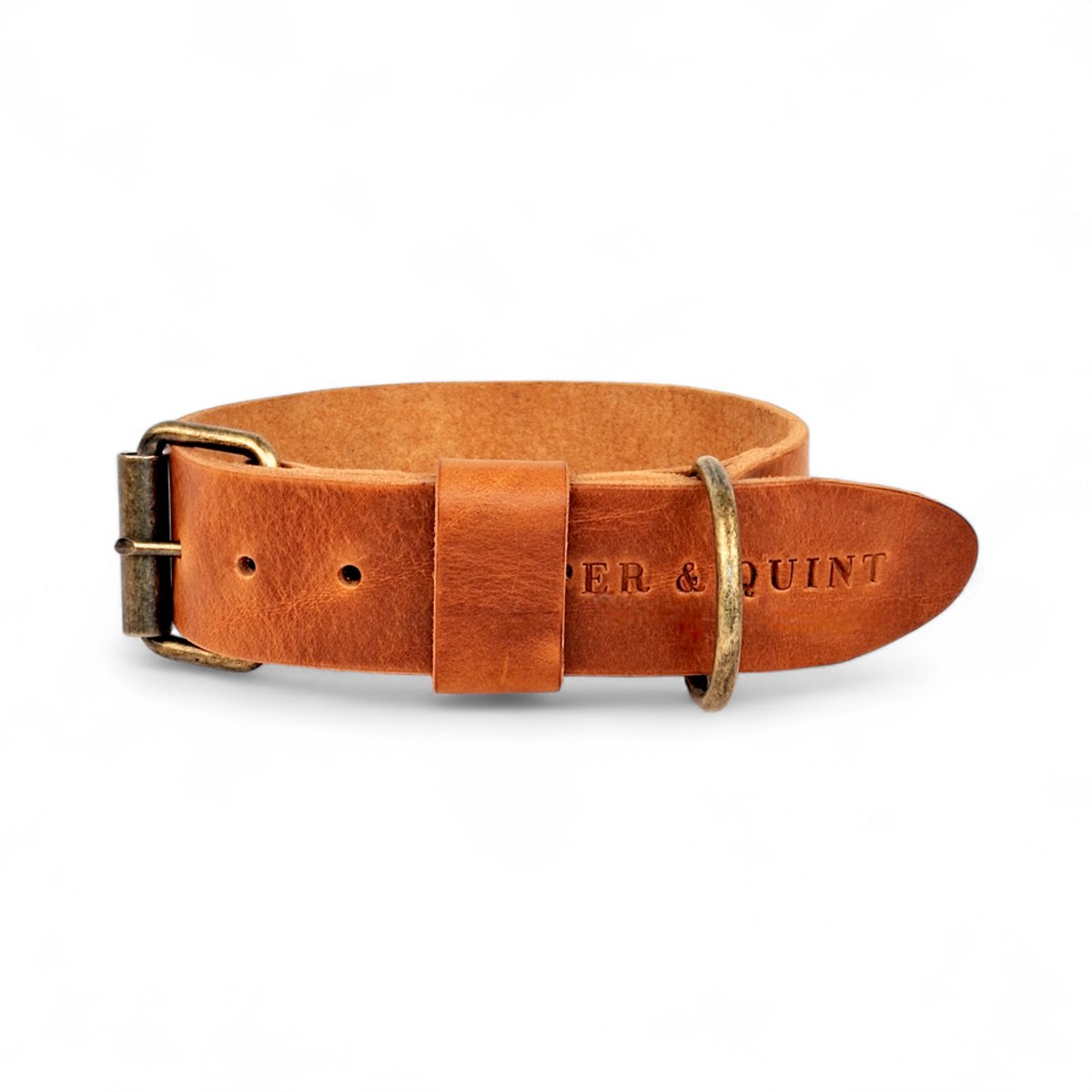 Cooper & Quint Bold Brede Leren Halsband - Camel - Small - 3 cm - Oud Messing