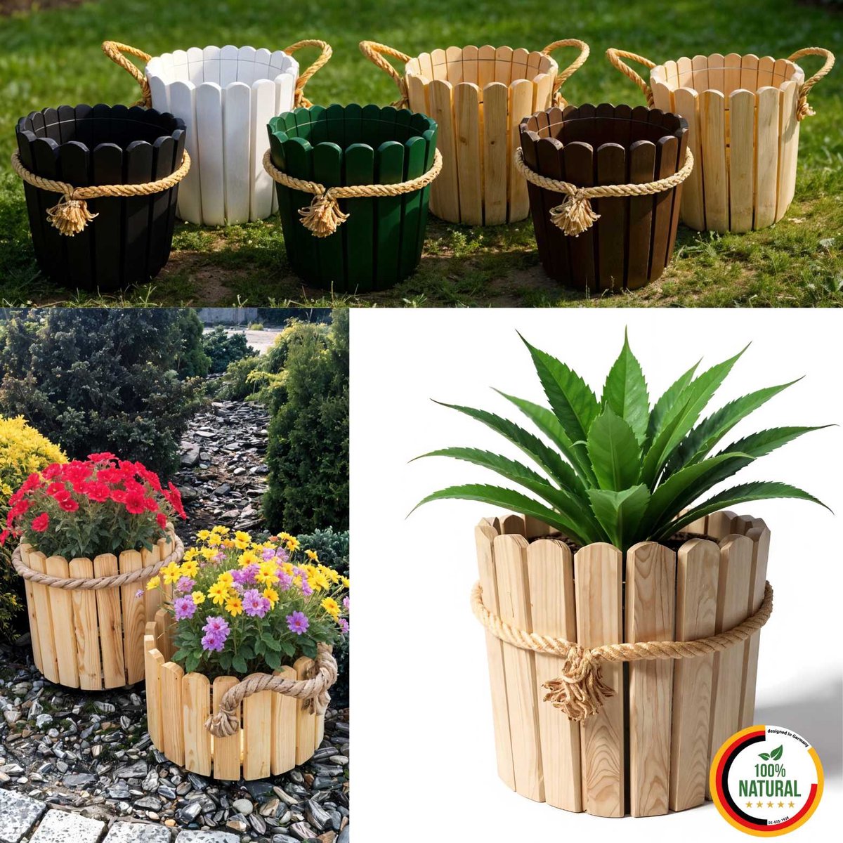 Floranica ronde bloempot 30 x 33 cm van grenenhout, plantenpot, bloembak, kruidenpot voor huis en tuin, voor binnen- en buitengebruik, onbehandeld