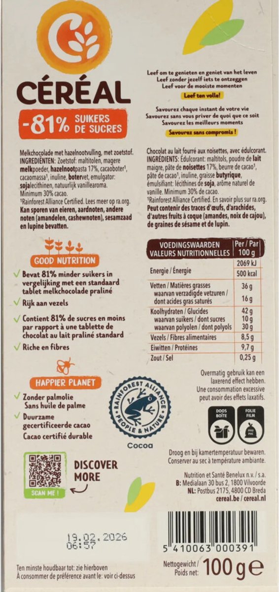 Cereal Chocoladetablet Praliné - 12 x 100 gr - Voordeelverpakking