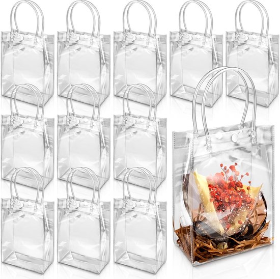 12 stuks doorzichtige plastic cadeautassen - met handvatten, 13 cm x 16 cm x 7 cm - herbruikbaar - PVC-tassen - voor bedankjes, bruiloften, verjaardagen, babyshowers, Halloween, cadeautassen, winkels, boetieks, traktatiezakken