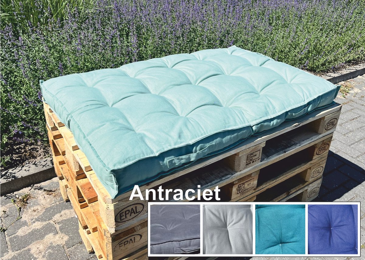 Palletkussen 80x120x10cm met 2 handgrepen antraciet, doorgestikt , 100% katoen