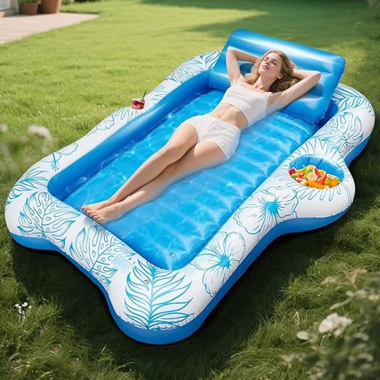 Piscine Opblaasbaar , 180×120 cm, avec coussin de nuque amovible, 2 porte-gobelets, fond nervuré ergonomique, îlot de bain multifonctionnel pour jardin, plage, lacs