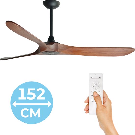Ventilateur de Plafond 'Nordic Wood' avec Télécommande - Ventilateur de Plafond Bois - Finish Foncé - 60'' / 152cm - Zwart Mat - 5 réglages/vitesses