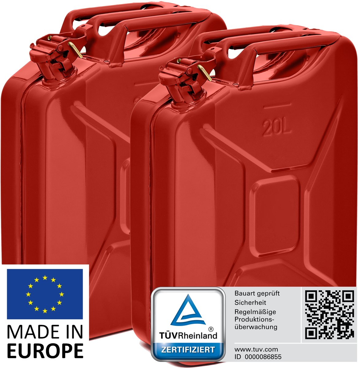 BW® Fuel Canister Metalen Benzineblik - Jerrycan 2x 20 Liter - Rood - TÜV-getest en UN-goedgekeurd - Gemaakt in Europa