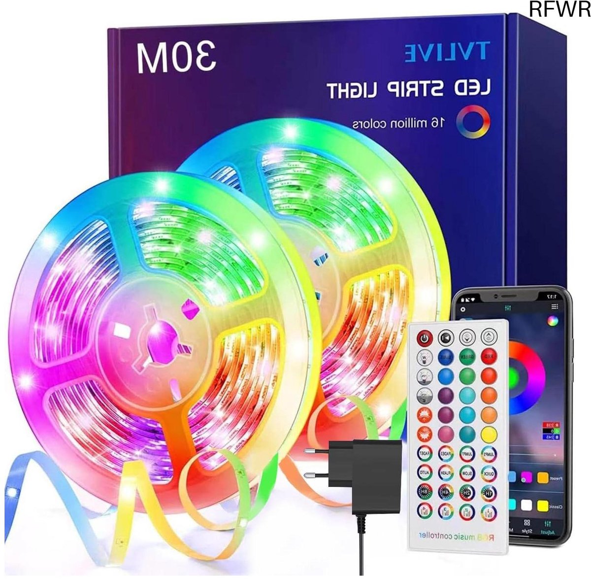 RFWR® LED Strip 30 Meter met Afstandsbediening en App Bediening voor Kleurverandering en Muzieksynchronisatie