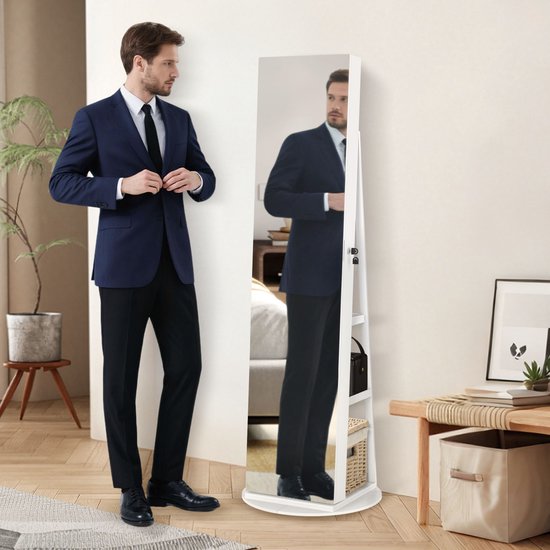 FIVMEN Sieradenkast met spiegel, spiegelkast, make-upkast met wielen en 6 leds, afsluitbaar, sieradenopslag, make-up-organizer, 3-in-1 met full-body