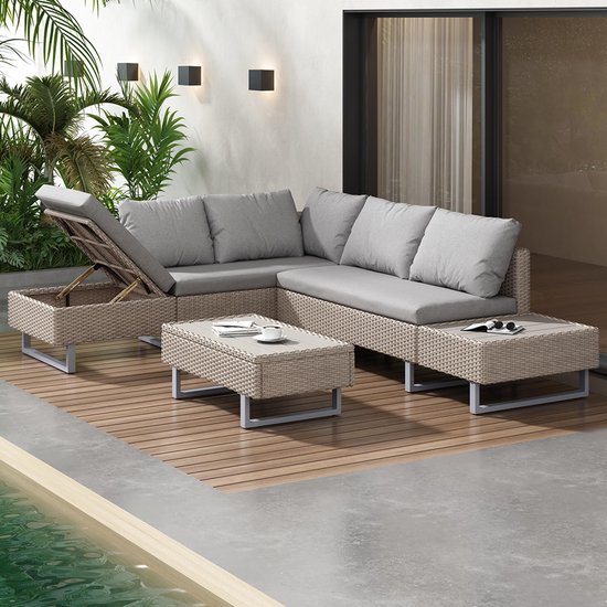 Pugsdrly Set de salon de jardin en plastique tressé, ensemble lounge pour 4-5 personnes, ensemble lounge avec canapé d'angle, table et coussins avec housse amovible et lavable en kaki