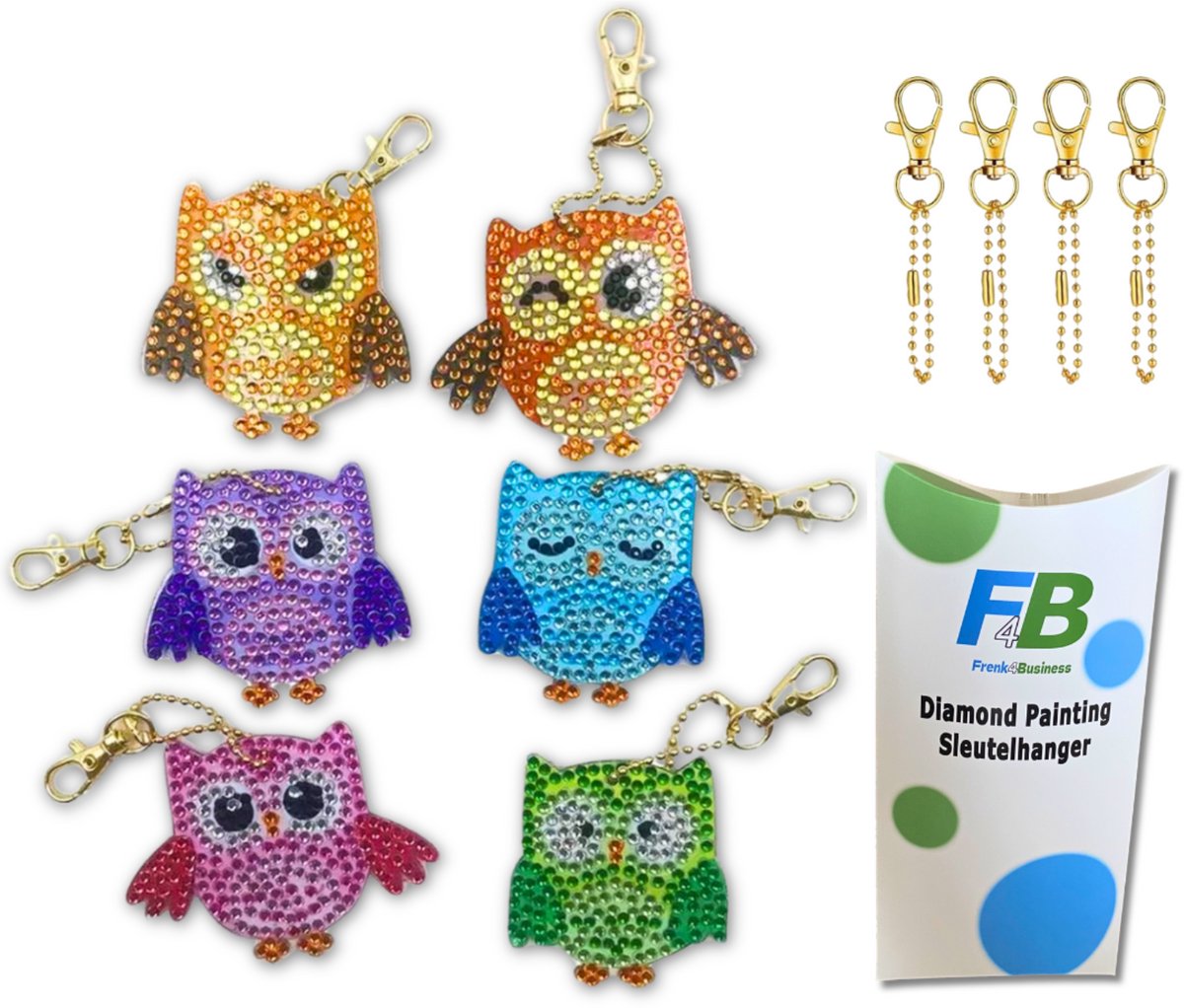 F4B Diamond Painting Sleutelhangers Uiltjes - 6 Stuks - Dubbelzijdig