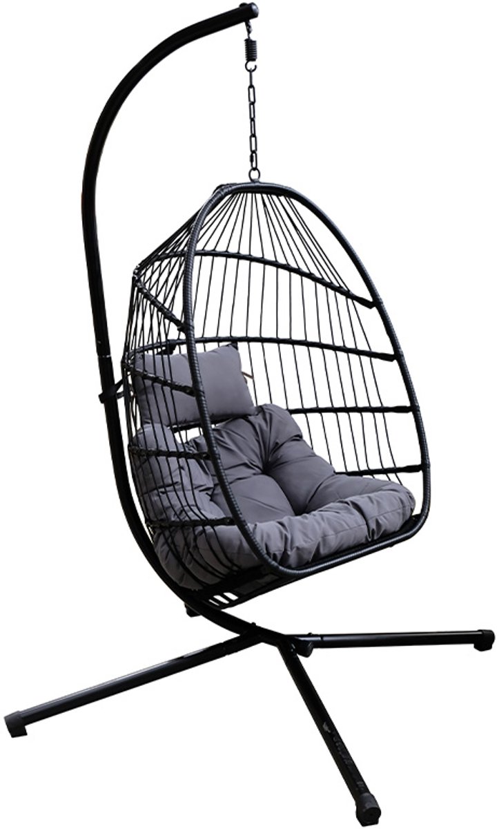 Buitenkado Hangstoel Egg Chair – Zwart – Grijze Kussens – Opvouwbaar