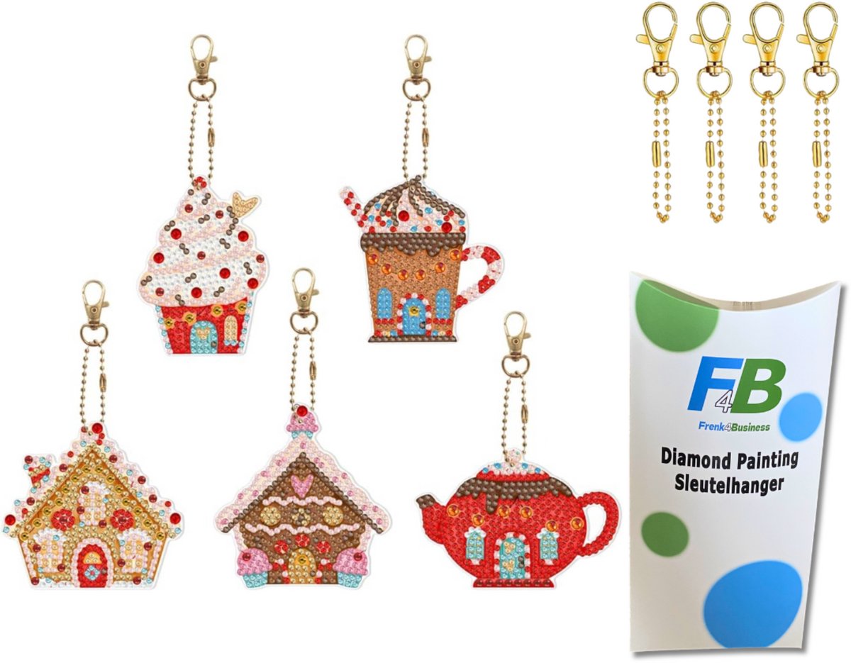 F4B Diamond Painting Sleutelhangers Cupcake Huisjes – 5 Stuks – Dubbelzijdig
