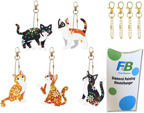 F4B Diamond Painting Katten Sleutelhangers – 5 Stuks – 8 cm – Volledig Pakket