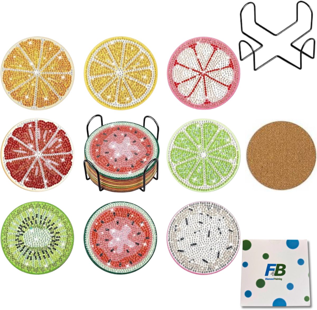 F4B Diamond Painting Onderzetters Fruit (2) – 8 Stuks – Ø10 cm – Met Houder