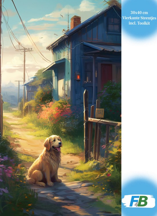 Een golden retriever zit op een zonnig pad voor een blauw huis, omringd door bloemen. 30x40 cm.