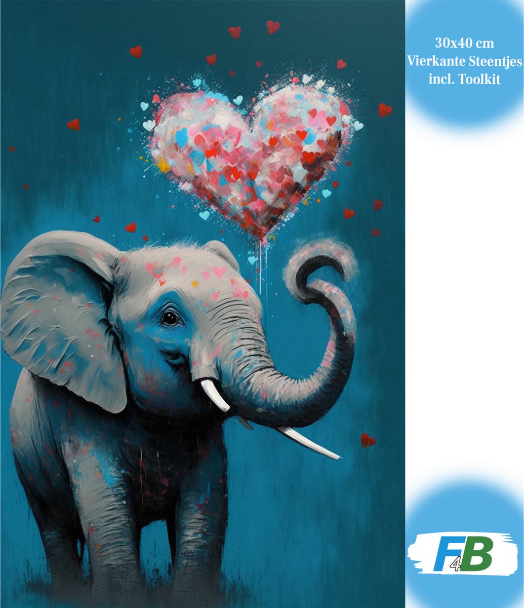 F4B Diamond Painting Olifant met Hartjesballon - 30x40 cm - Vierkante steentjes