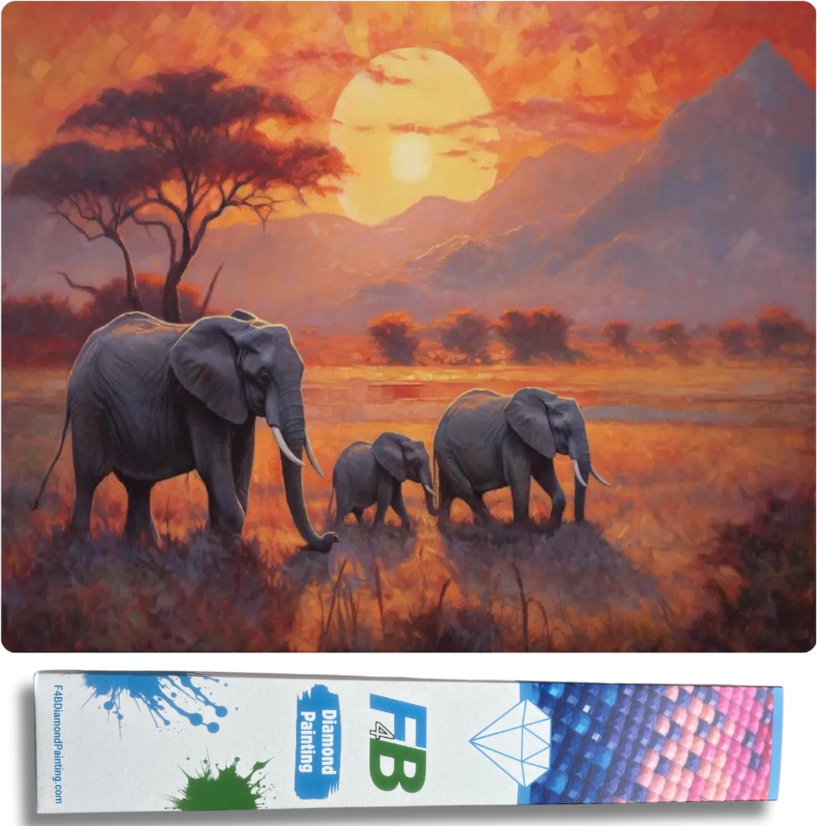 F4B Diamond Painting Olifanten op de Savanne - 40x50 cm - Vierkante steentjes