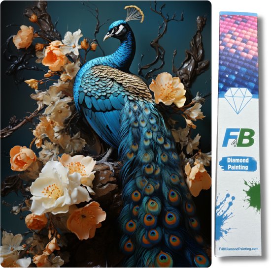 F4B Diamond Painting Pauw met Bloemen – 40x50 cm – Vierkante Steentjes