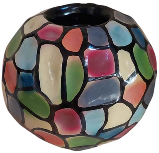 Floz Design decoratie waxinelichtjeshouder bol - relief met kleurvlakken - aardewerk - 12 cm - fairtrade uit Indonesie