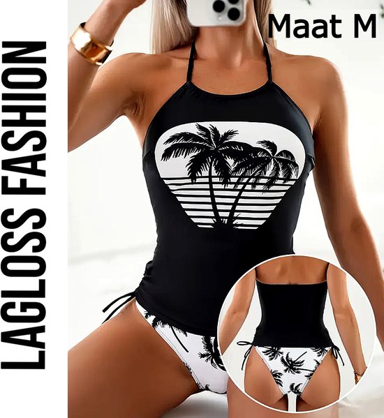 LaGloss® Set Palmiers Wit Zwart – Mode maillots de bains 2 pièces taille haute avec nœud – Taille M