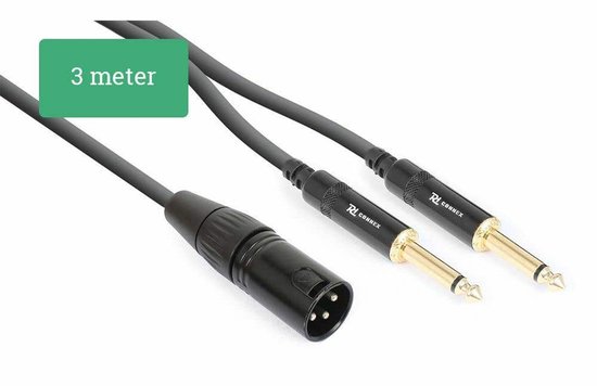 Zwarte 3 meter splitterkabel met één XLR male connector en twee 6.3mm mono jack male connectoren.