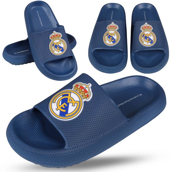 Tongs bleu marine Real Madrid, pantoufles en caoutchouc mousse pour piscine, semelle épaisse, légères pour adultes