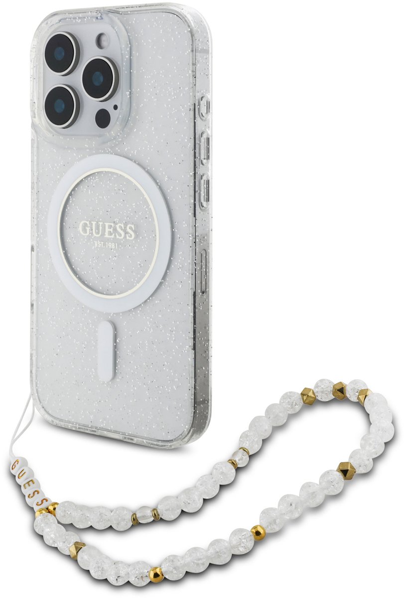 Guess IML Glitter Beads iPhone 16 Pro hoesje met polskoord en MagSafe - Transparant