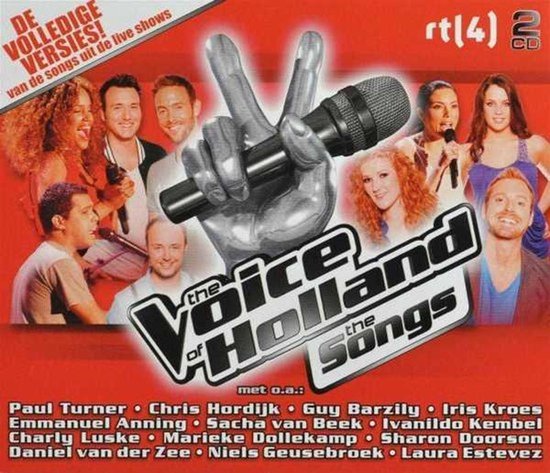 Kleurrijke groep zangers en zangeressen die 'The Voice of Holland' promoten, met microfoon