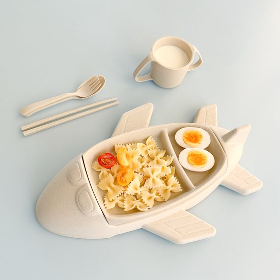 Kinderservies Set vliegtuig - Baby Servies - Peuterbord met Vakjes - 5-delige Eetset met Bestek, Beker & vliegtuigbord - Duurzaam Wheat Straw - BPA-vrij - Voertuigen Servies - Lunchset Kind - Cadeau voor Peuters & Kleuters - Blauw van Merkloos — afbeelding 5