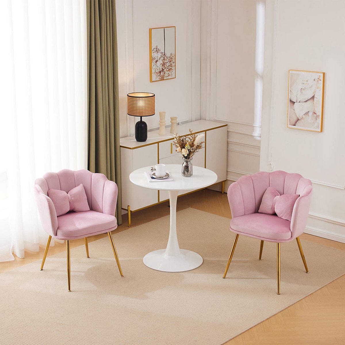 Pugsdrly Set van 2 moderne fluwelen fauteuils, badkamerstoelen, gestoffeerde stoelen met bloembladvormige rugleuning, gouden metalen poten en vlinderkussens voor de slaapkamer-eetkamer